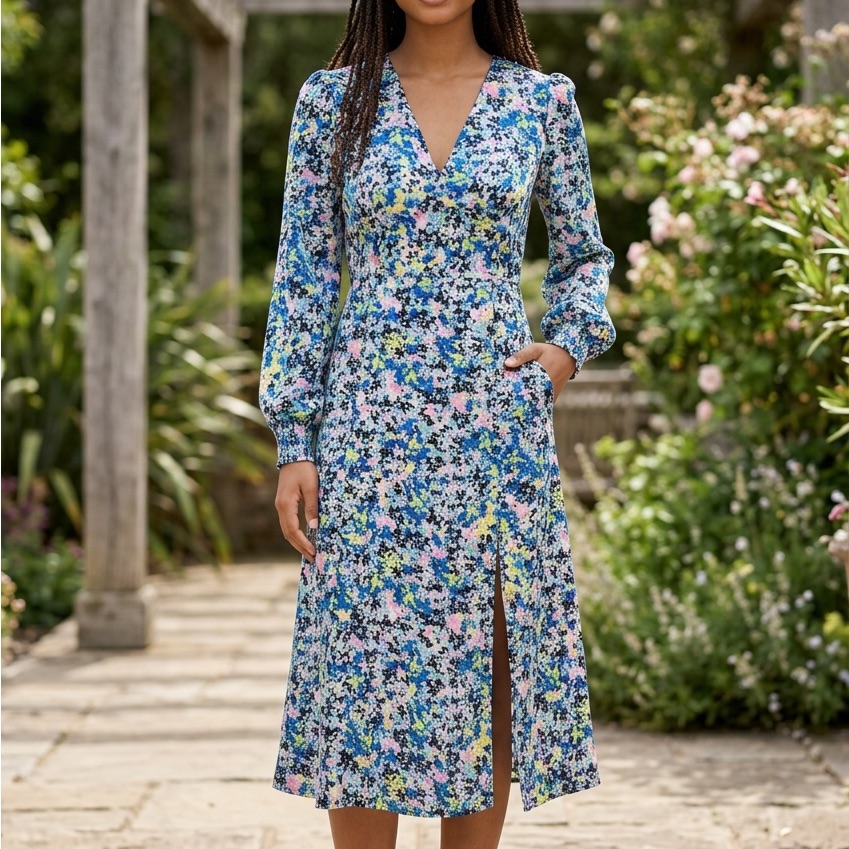 Aqua Blue Floral V-Neck Long Sleeve Midi Dress Fit & Flare Size S